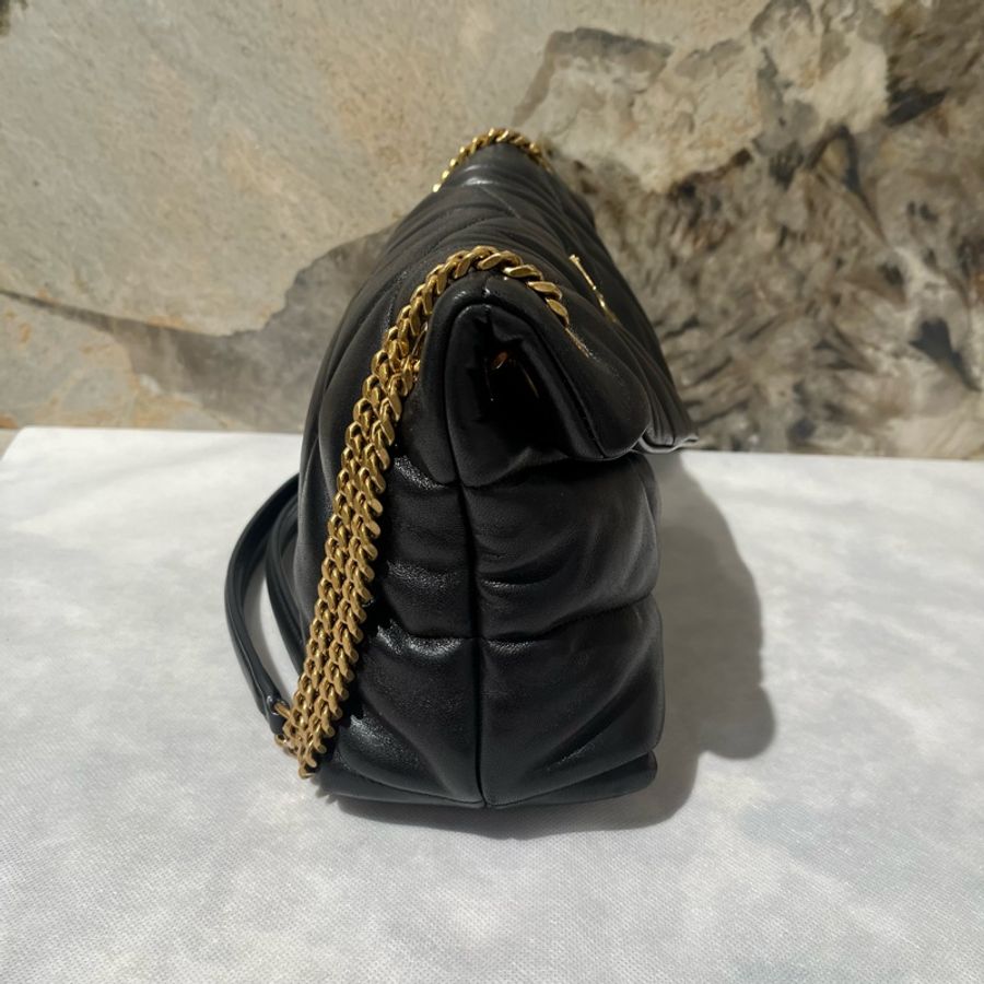 YSL Black黑色羊皮Puffer淡金釦鏈包-1