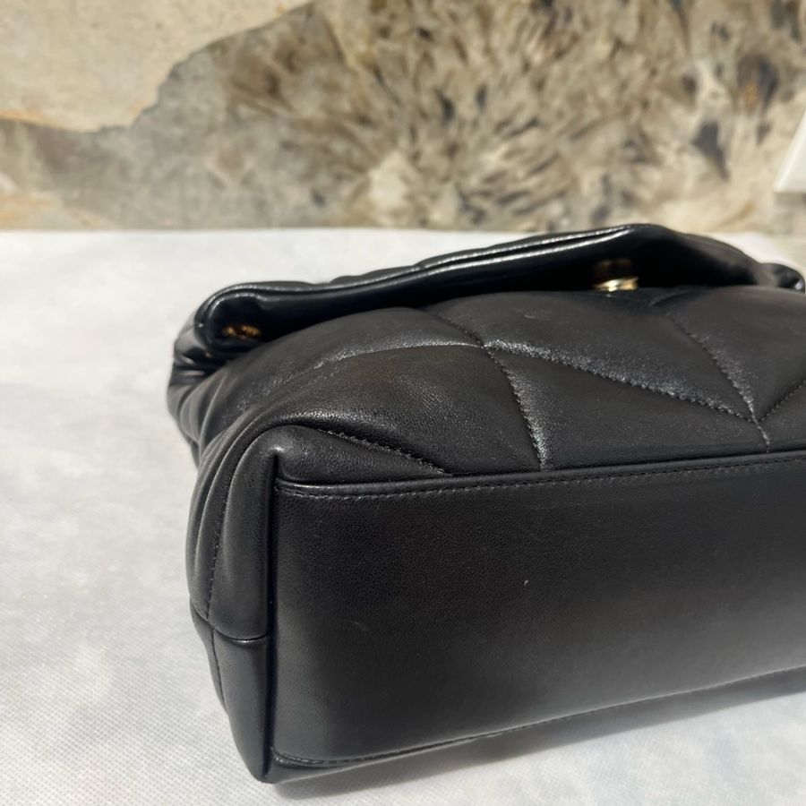 YSL Black黑色羊皮Puffer淡金釦鏈包-5