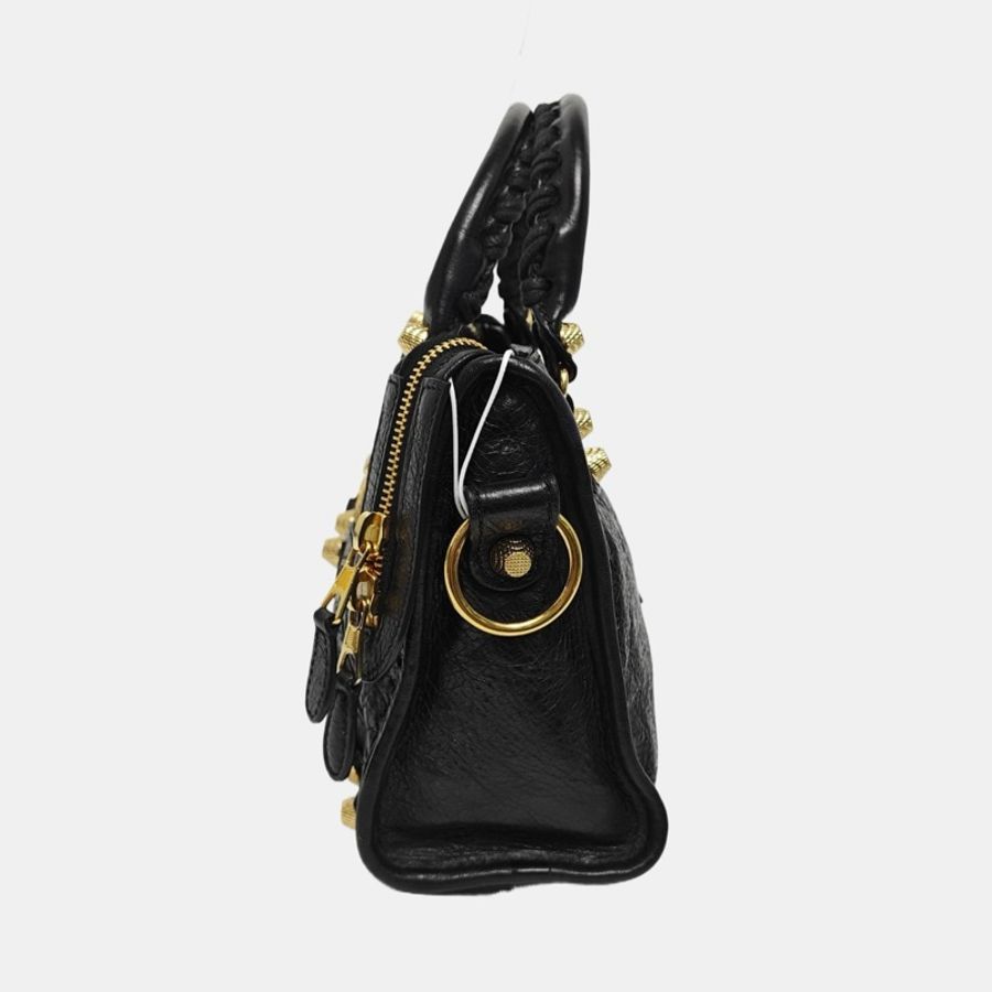 巴黎世家/BALENCIAGA Classic City 迷你 黑色 羊皮鉚釘流蘇機車包單肩包 金色五金 可拆卸肩帶-1