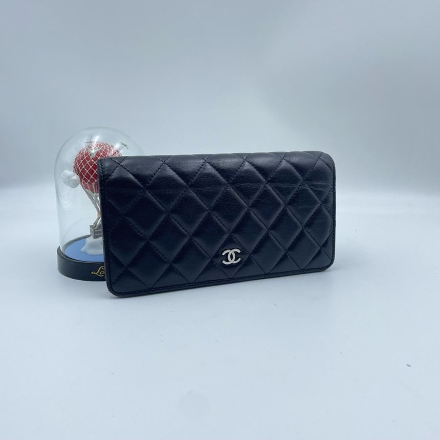 香奈兒/Chanel 經典黑色款長款錢包 14開黑色羊皮 搭配銀色金屬雙C扣 低調奢華-1