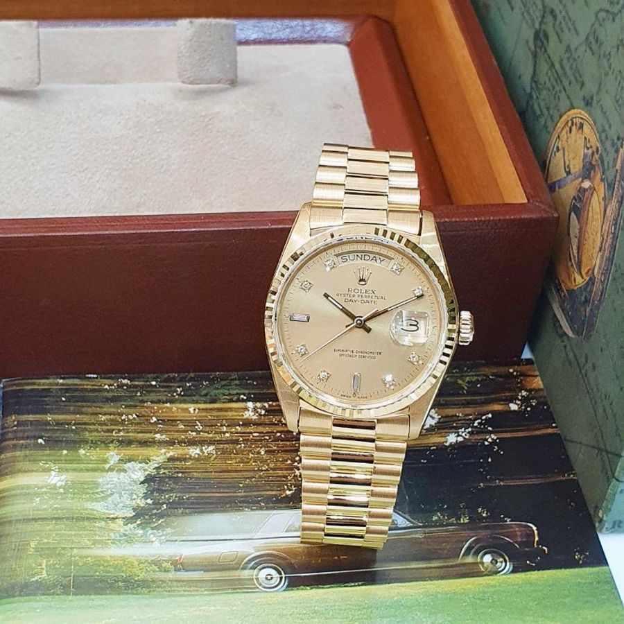 【大眾名錶】ROLEX勞力士 18038 Day-Date 蠔式DD18K 紅蟳錶 金色6.9T鑽面盤 大眾名錶G286-1
