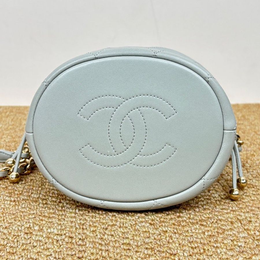 芯片款 香奈兒/Chanel 灰金雙金珠抽繩水桶包-4