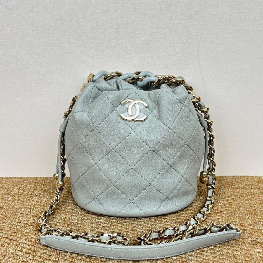 芯片款 香奈兒/Chanel 灰金雙金珠抽繩水桶包-5