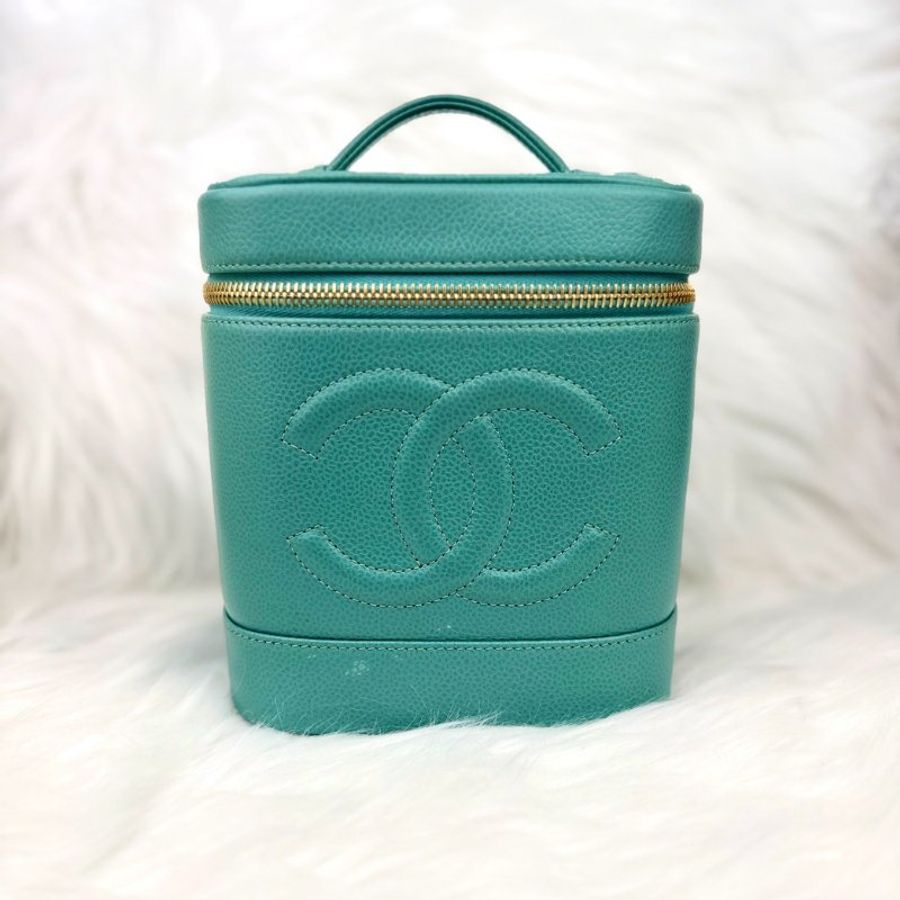Chanel Vanity Case 化妝包 綠色 牛皮 中號 豎版-0