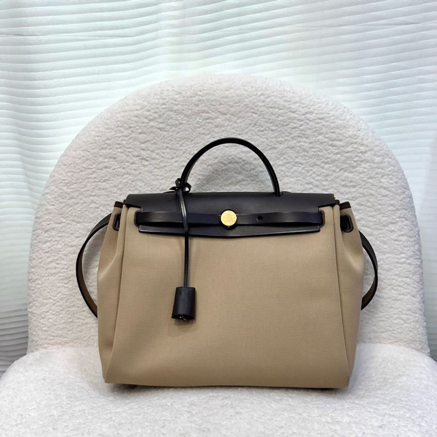 Hermes 愛馬仕 Herbag31 Trench Ebene 風衣灰 烏木色 金釦 帆布 手提包 肩背包-6