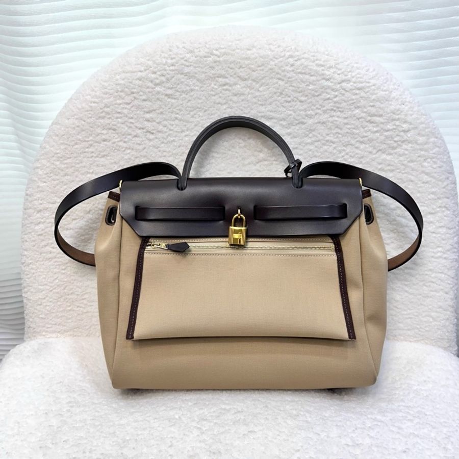 Hermes 愛馬仕 Herbag31 Trench Ebene 風衣灰 烏木色 金釦 帆布 手提包 肩背包-7