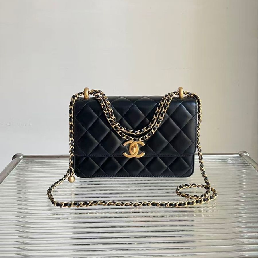 Chanel/香奈兒黑金雙金珠大號，金珠可調節鏈條尺寸絕美，尺寸：22 × 14 × 8-0