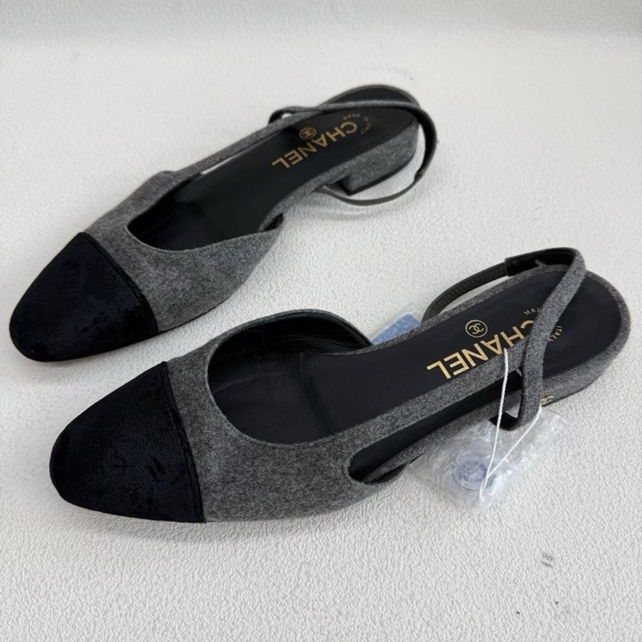 Chanel香奈兒平底Slingback 黑色拼灰色38.5碼-0