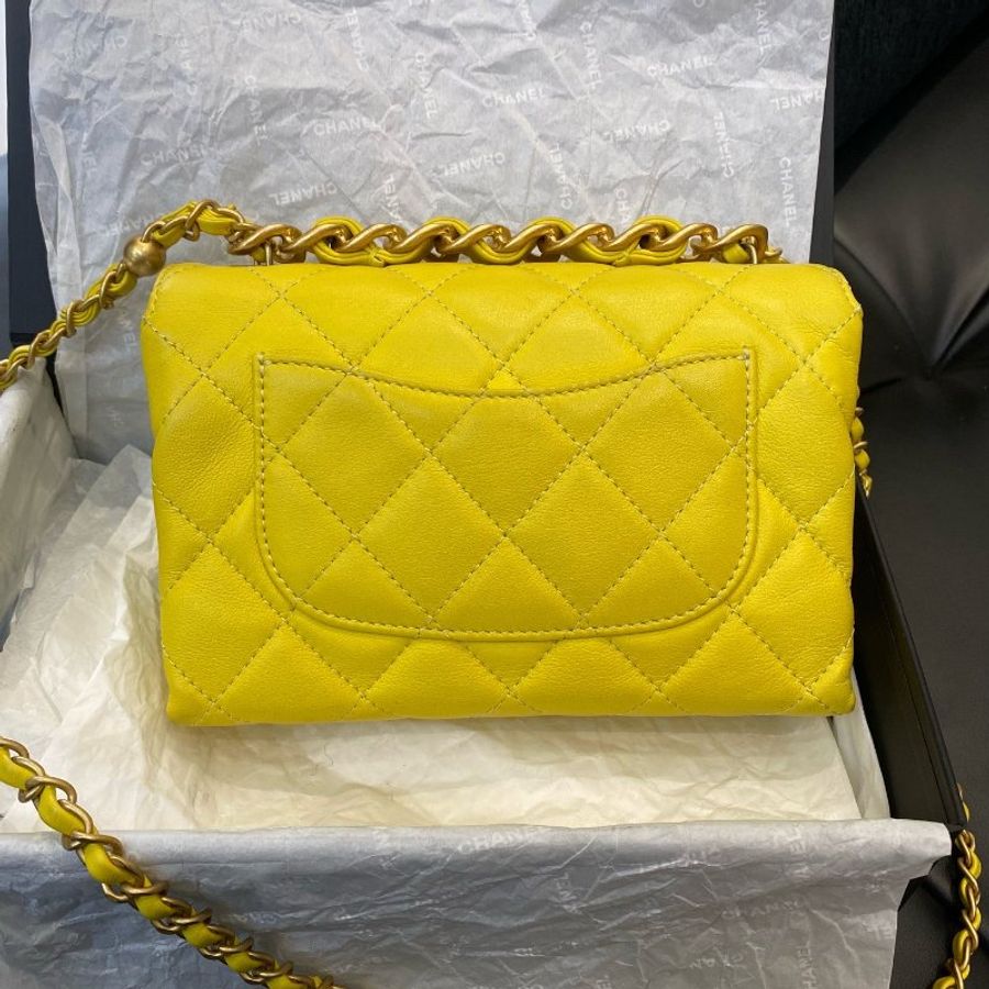 香奈兒/Chanel 黃色小牛皮金珠口蓋包鏈條包-7
