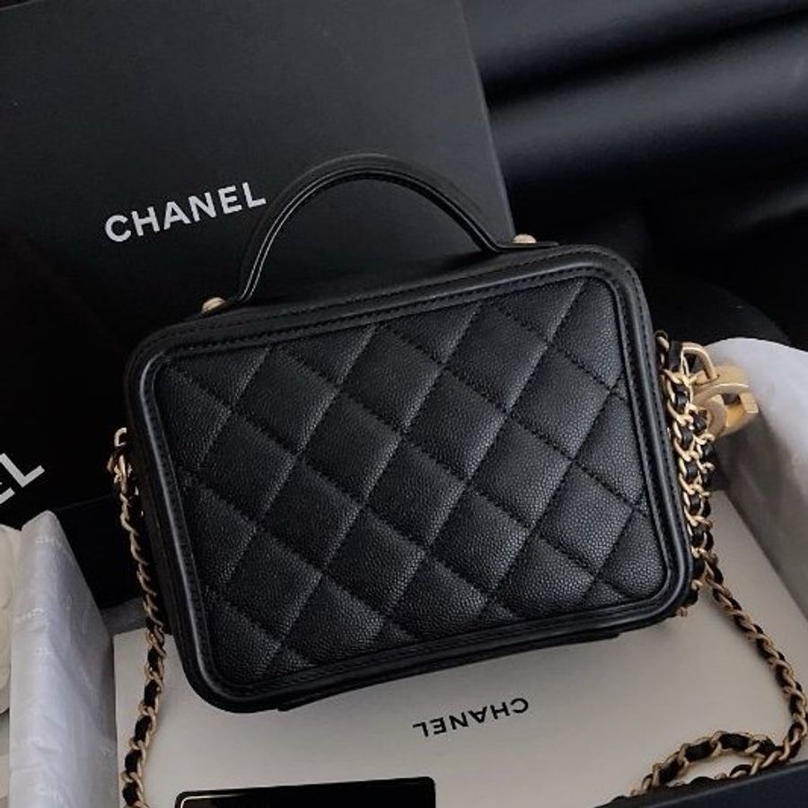 近新品 香奈兒/Chanel 黑金小號相機包 牛皮荔枝皮魚子醬-6