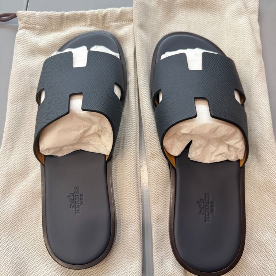 Hermès愛馬仕拖鞋 黑色Izmir款，經典H，意大利製造，真皮|||鞋面鞋底，帶原盒+塵代43碼-1