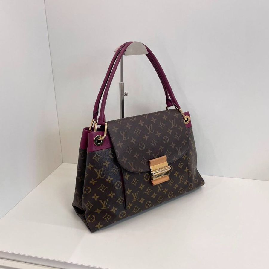 路易威登/Louis Vuitton Olympe繫列 老花拼皮肩背腋下包 全皮深紫色手提-2
