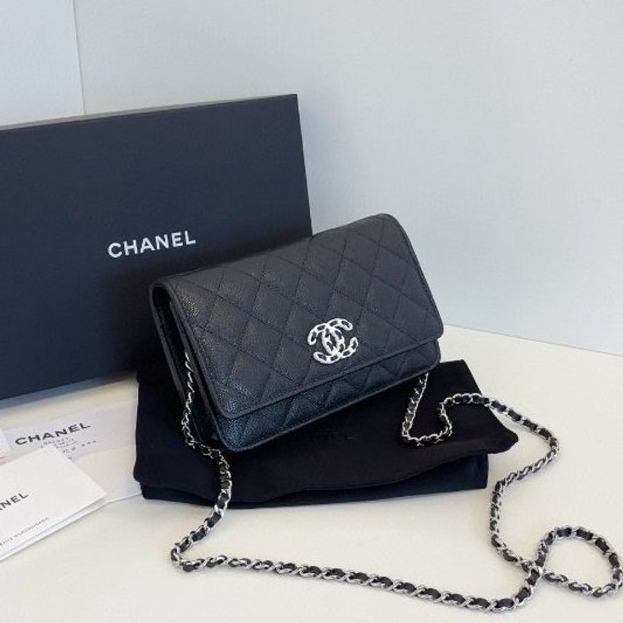 閒置新 香奈兒/Chanel 黑銀魚子醬Woc鏈條包 芯片款-2