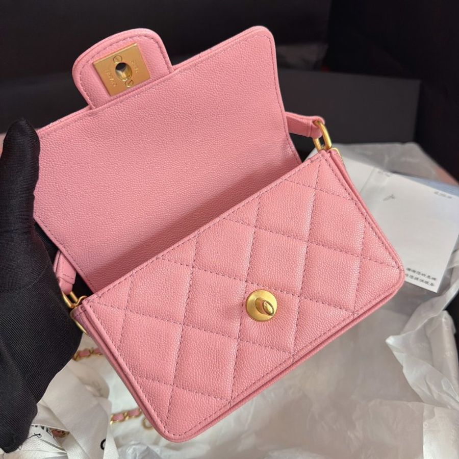 近新品 香奈兒/Chanel 手柄櫻花粉金扣荔枝皮 方胖口蓋包-4