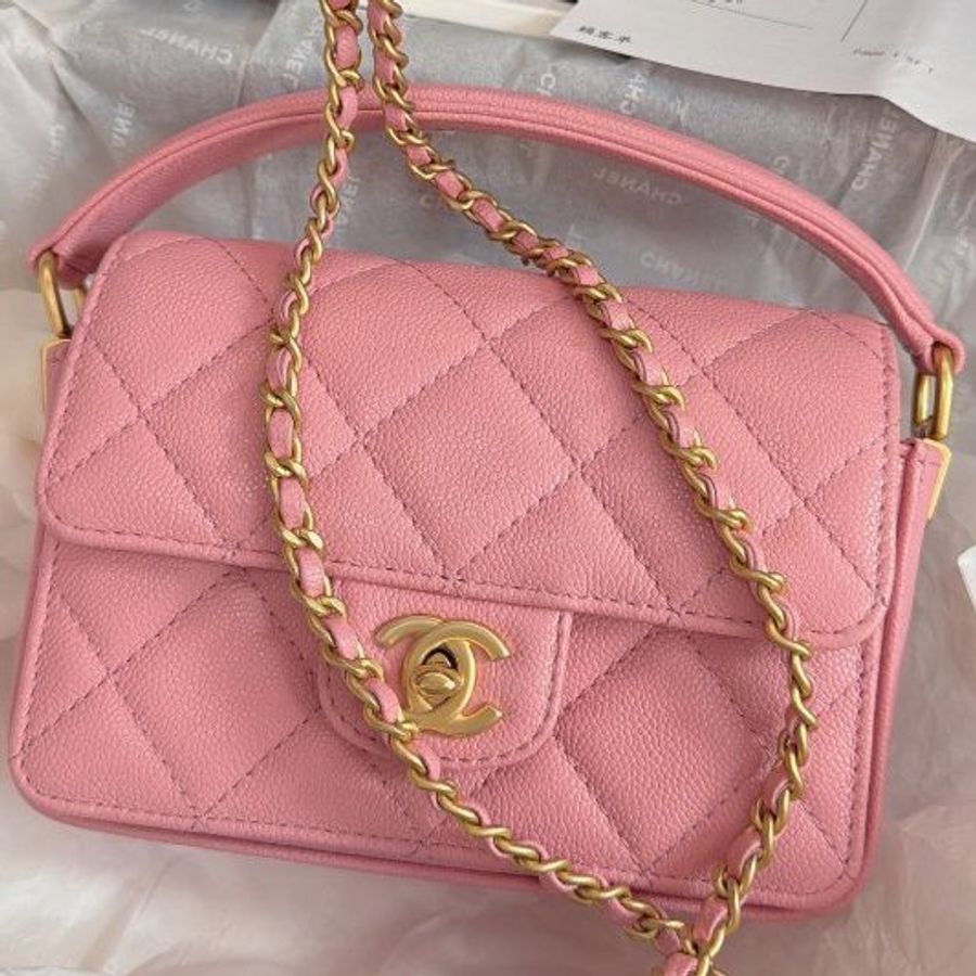 近新品 香奈兒/Chanel 手柄櫻花粉金扣荔枝皮 方胖口蓋包-8