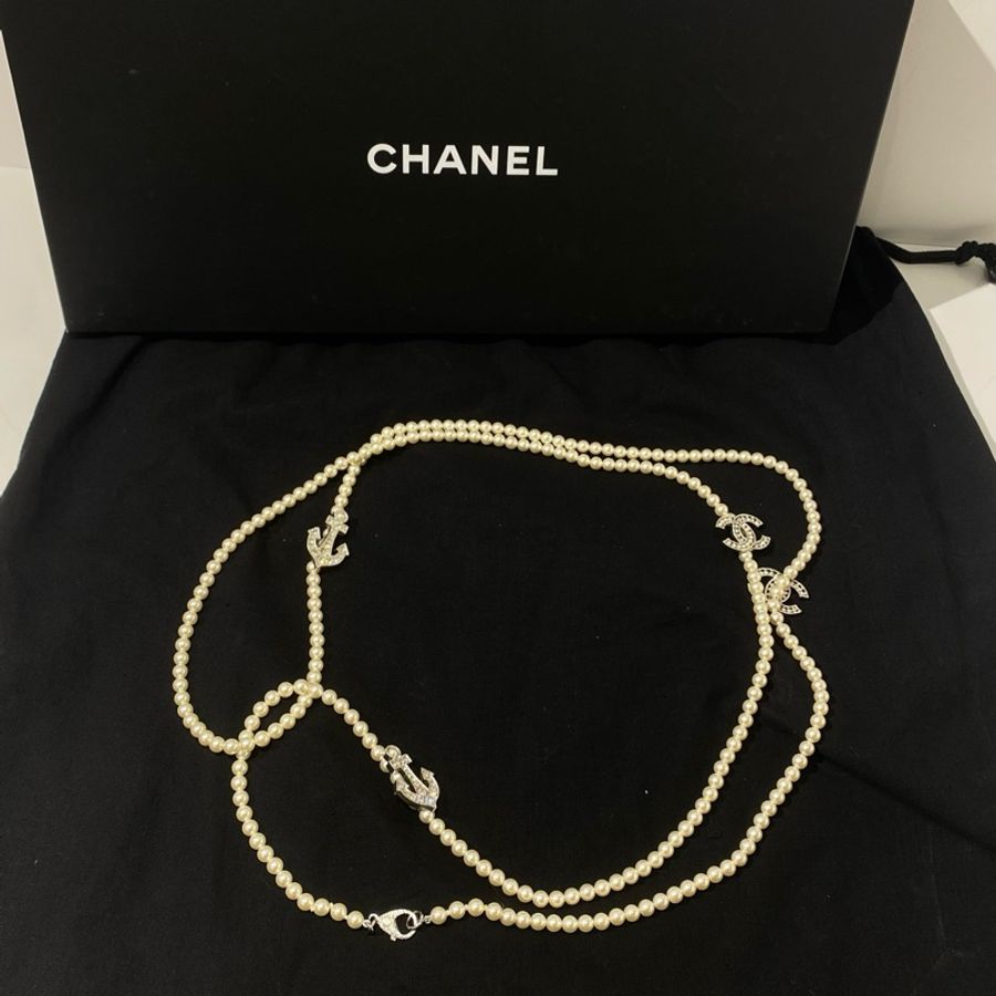 Chanel香奈兒 帶鑽珍珠毛衣鏈 雙C標誌項鍊 珍珠合金鋯石-0