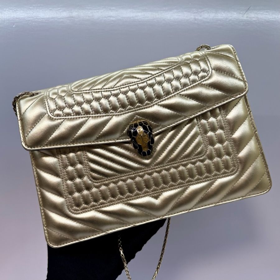 BVLGARI 寶格麗 香檳金Serpenti Forever 蛇頭標誌鏈條肩背包 斜背包-0