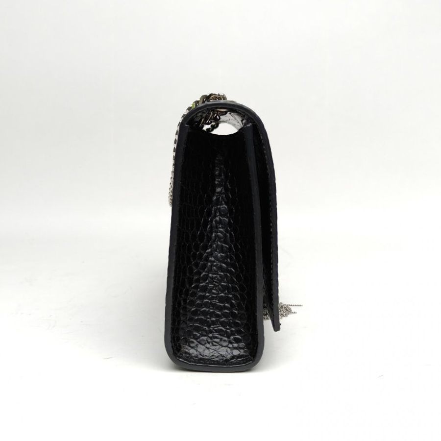 SAINT LAURENT KATE中號24鱷魚壓紋流蘇黑色牛皮銀扣肩背包-3