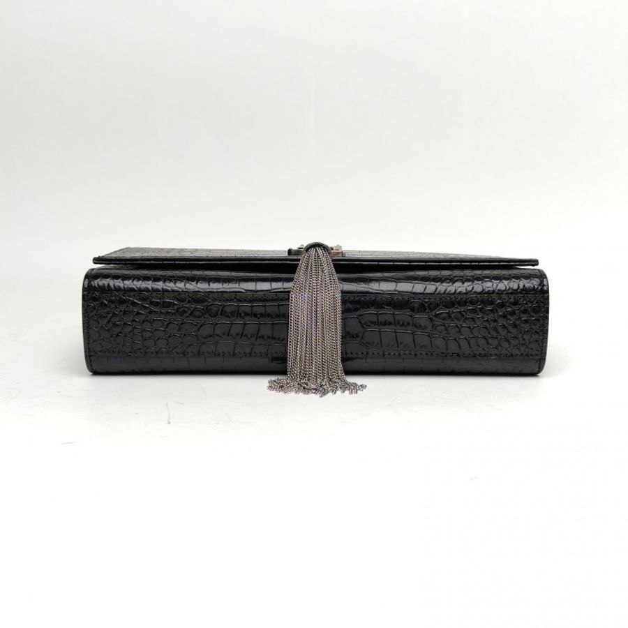 SAINT LAURENT KATE中號24鱷魚壓紋流蘇黑色牛皮銀扣肩背包-4