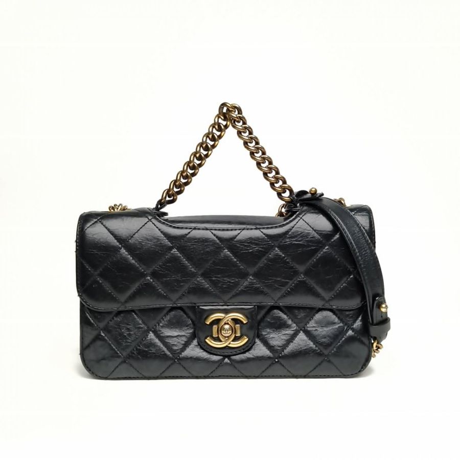 CHANEL 孟買系列鏈條手提口蓋包小號黑色牛皮18開金扣肩背包-0