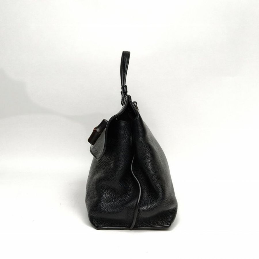 GUCCI BambooDaily竹節扣手提大號黑色牛皮銀扣肩背包-1