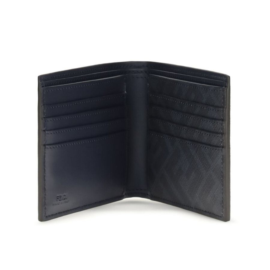 【FENDI 芬迪】FF Squared Bifold 雙折 FF帆布細節 皮革 卡夾 皮夾 短夾 深藍色 7M0356AV86F1USH-1