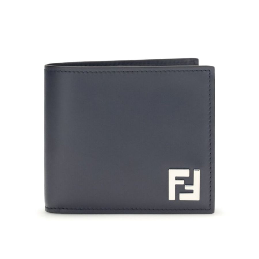 【FENDI 芬迪】FF Squared Bifold 雙折 FF帆布細節 皮革 卡夾 皮夾 短夾 深藍色 7M0356AV86F1USH-3