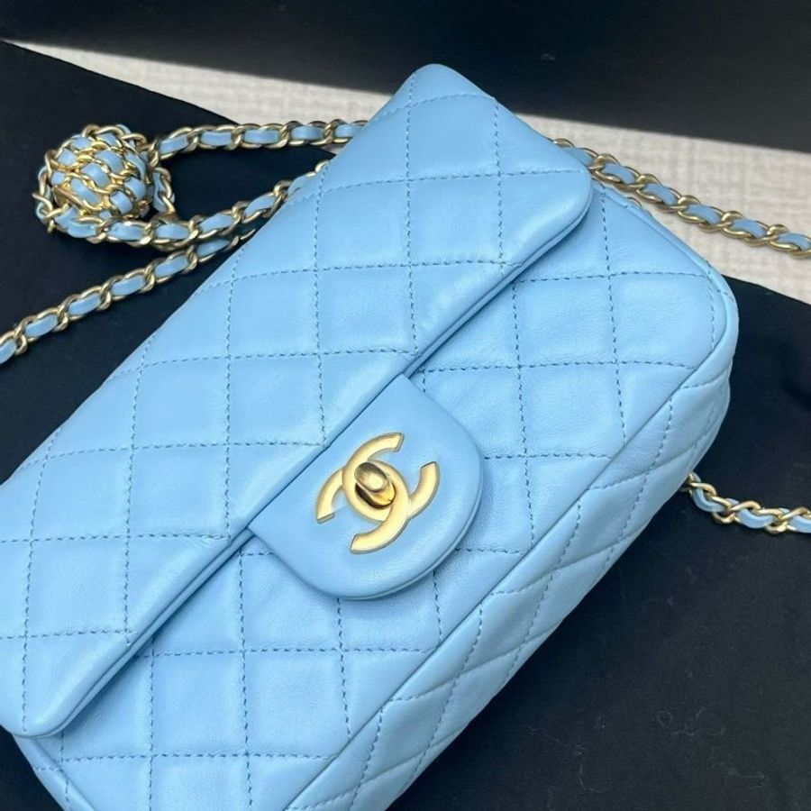 Chanel 藍色核桃金球cf大mini 芯片款 20*11*6 99新配件塵袋 盒子-2