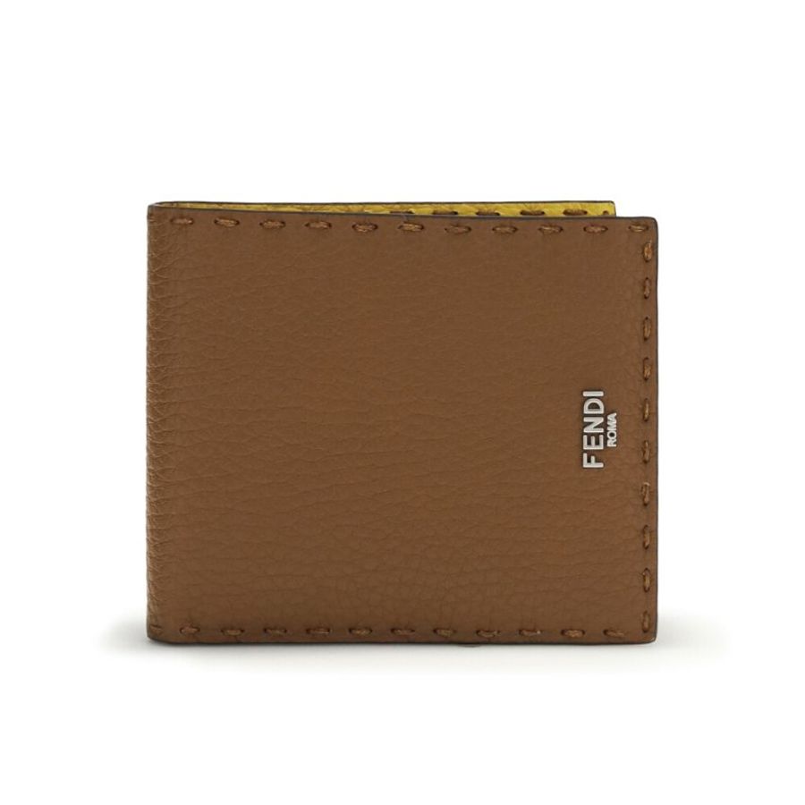 【FENDI 芬迪】Selleria Bifold 雙折 手工縫線 皮革 皮夾 卡夾 短夾 棕褐色 向日葵黃色 7M0193AW2FF1WL1-0