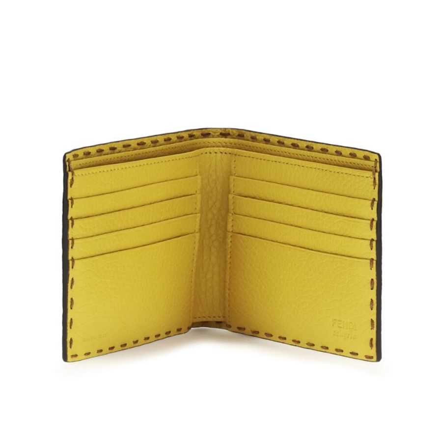 【FENDI 芬迪】Selleria Bifold 雙折 手工縫線 皮革 皮夾 卡夾 短夾 棕褐色 向日葵黃色 7M0193AW2FF1WL1-4
