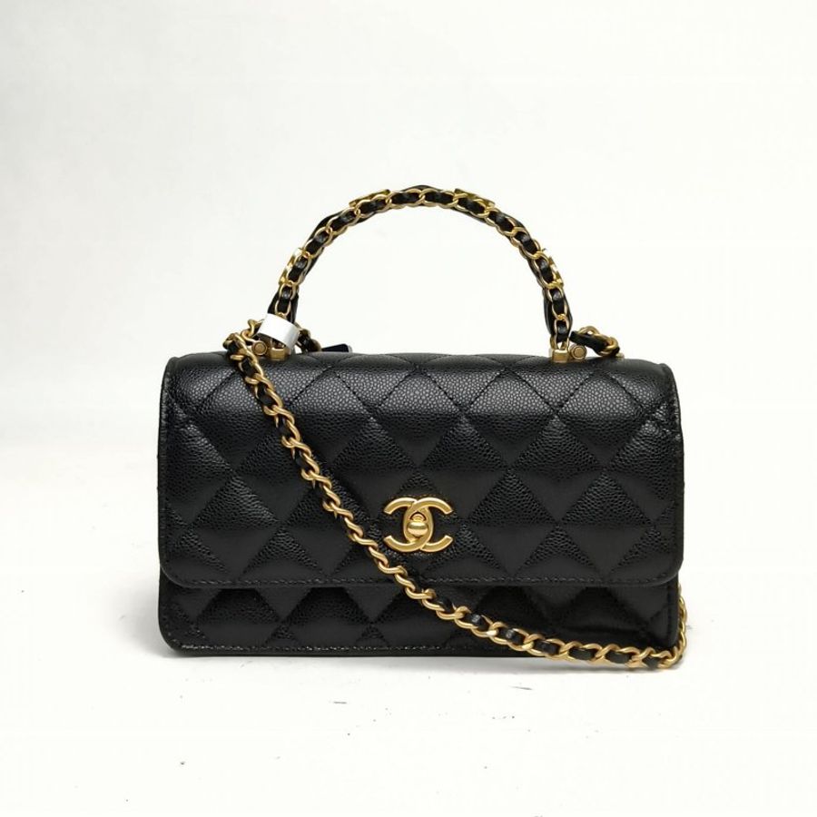 CHANEL 黑色荔枝牛皮鐳射標金扣25B手柄風琴包黑金肩背包-0
