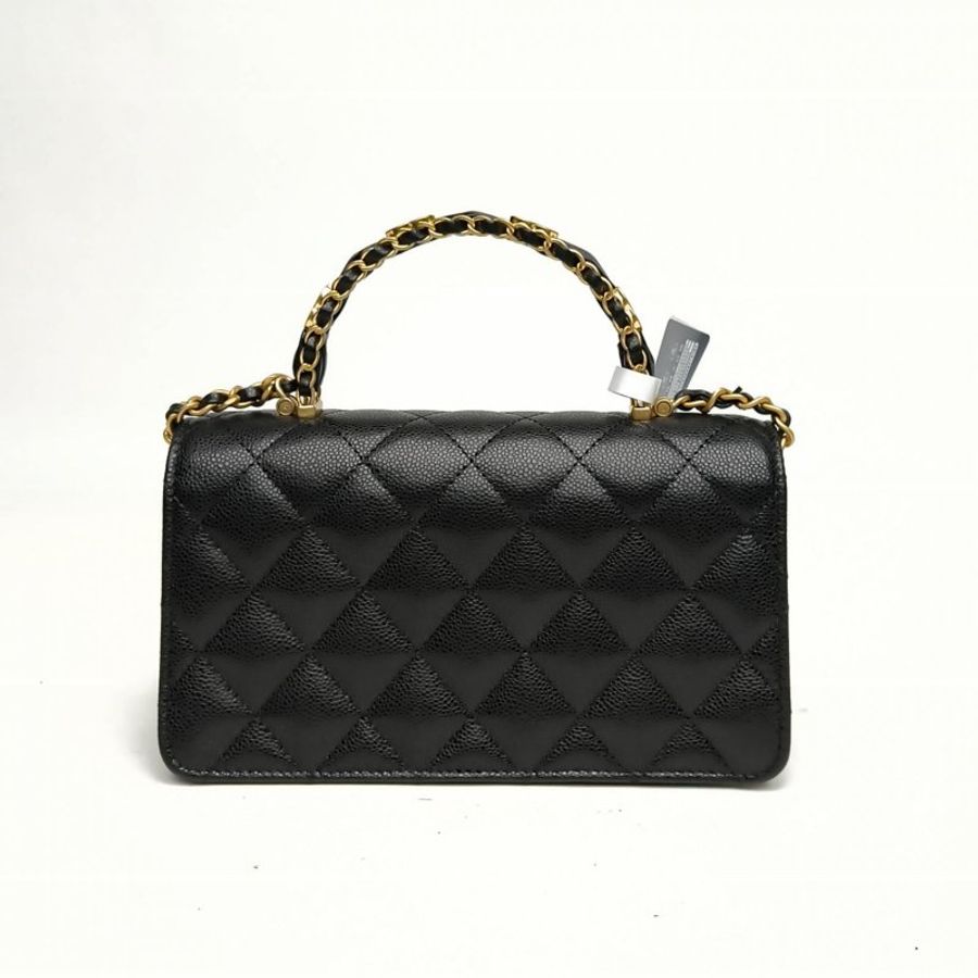 CHANEL 黑色荔枝牛皮鐳射標金扣25B手柄風琴包黑金肩背包-2