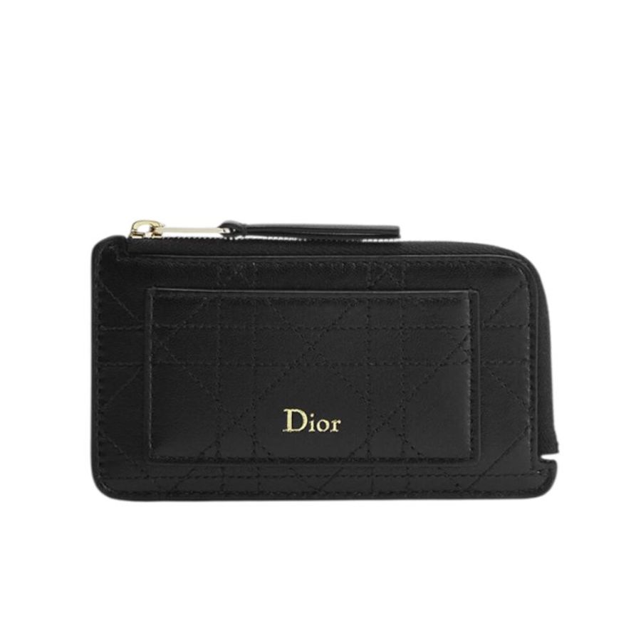 【Dior 迪奧】Trianon Cosmos 籐格紋 羊皮 拉鍊 皮夾 卡夾 零錢包 黑色 S4606OSQM_900-0