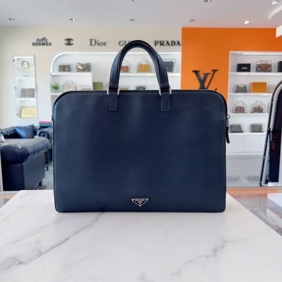 Prada/普拉達 藍色十字紋牛皮 三角徽標 公文包手提包 低調大氣-0