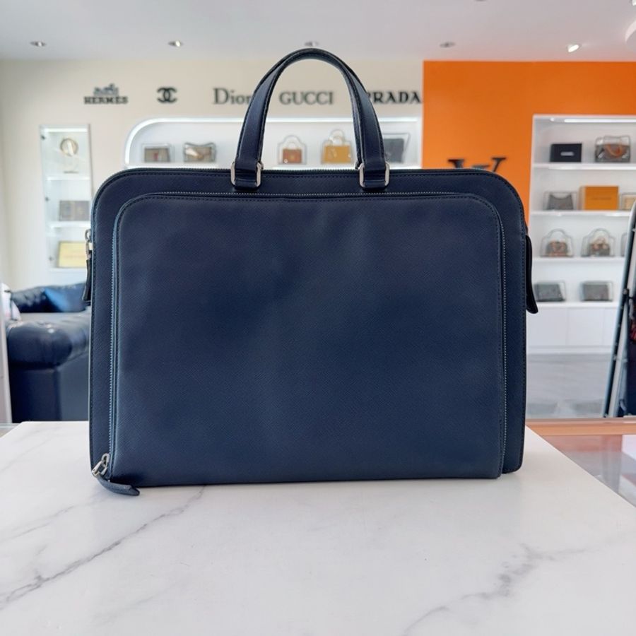 Prada/普拉達 藍色十字紋牛皮 三角徽標 公文包手提包 低調大氣-1