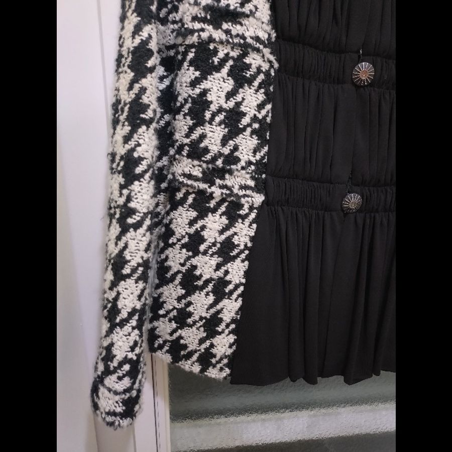 Chanel 黑紗拼黑白千鳥格毛呢外套-1