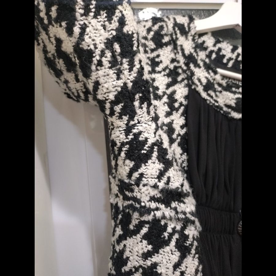 Chanel 黑紗拼黑白千鳥格毛呢外套-16