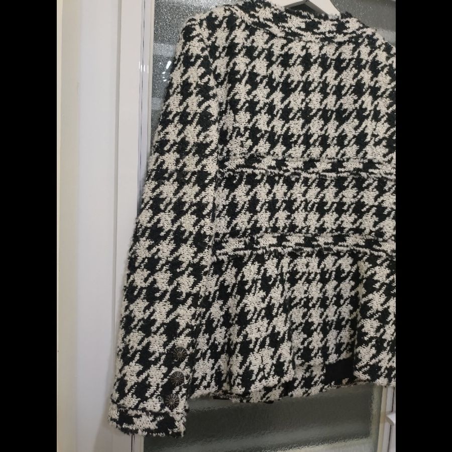 Chanel 黑紗拼黑白千鳥格毛呢外套-18