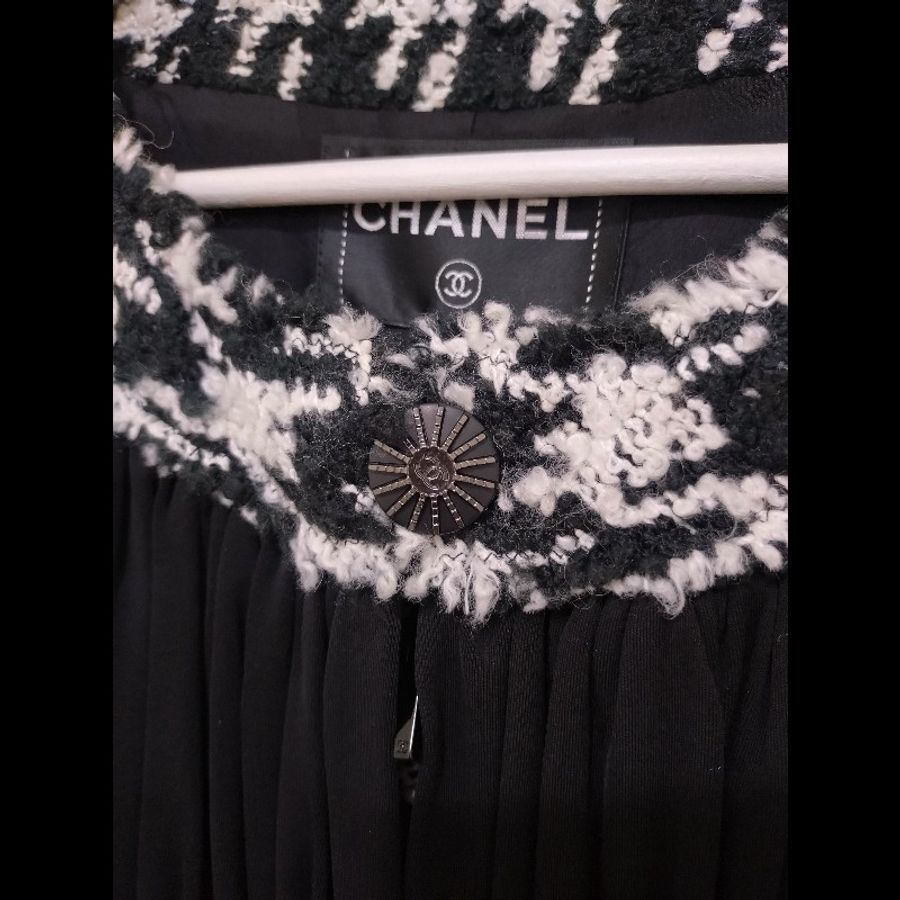 Chanel 黑紗拼黑白千鳥格毛呢外套-21