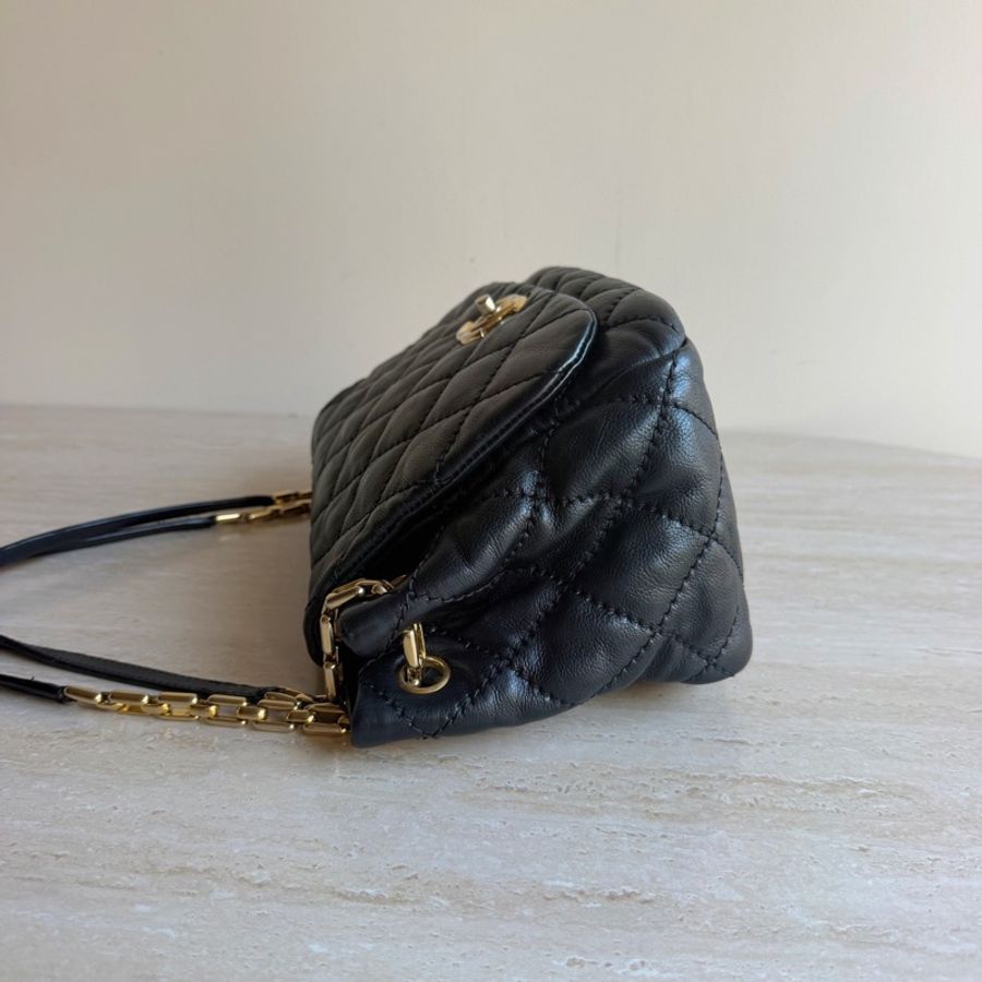 Chanel香奈兒黑金牛皮菱格鏈條單肩包+14開 底長29cm-2