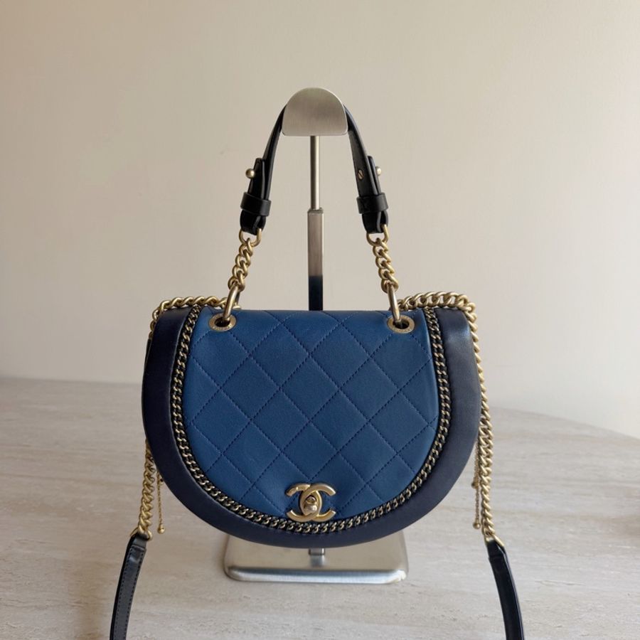 Chanel香奈兒黑金拼色馬鞍包+25開 底長22cm-0