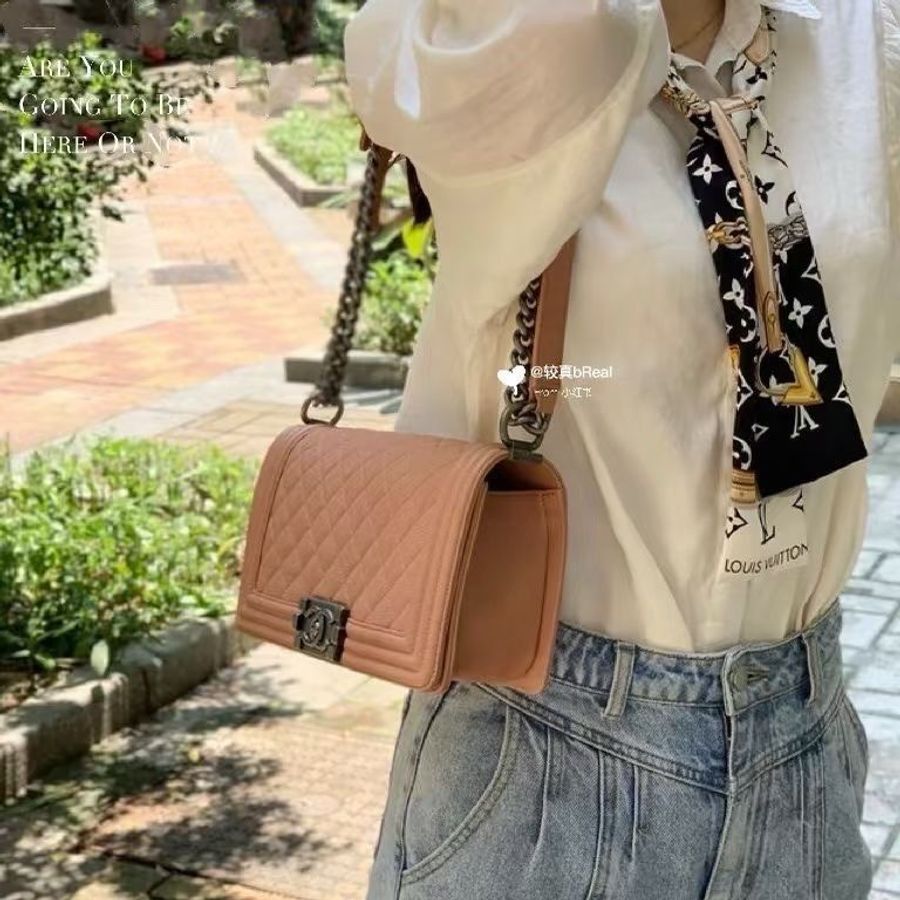 Chanel Leboy小號 荔枝皮 橘粉色 銀扣 20*12*6  95新 配件盒子 塵袋 保卡-0