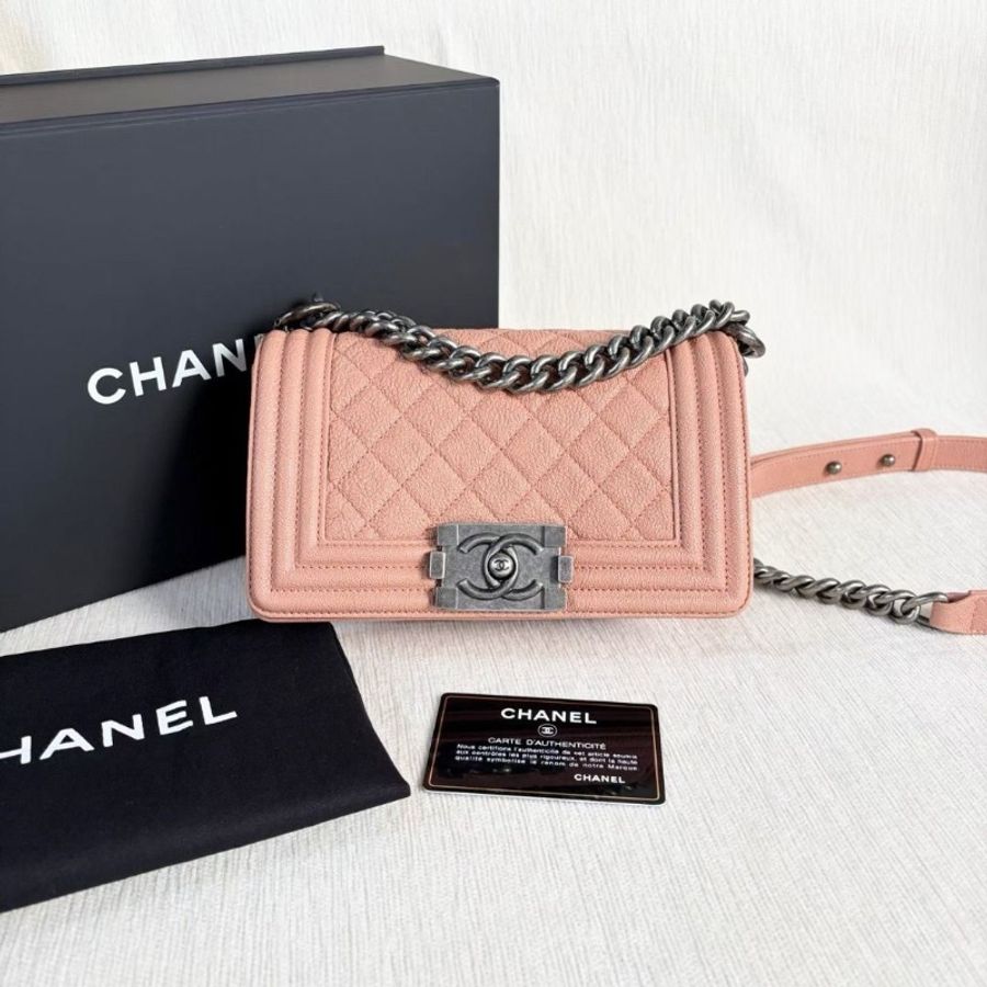 Chanel Leboy小號 荔枝皮 橘粉色 銀扣 20*12*6  95新 配件盒子 塵袋 保卡-1