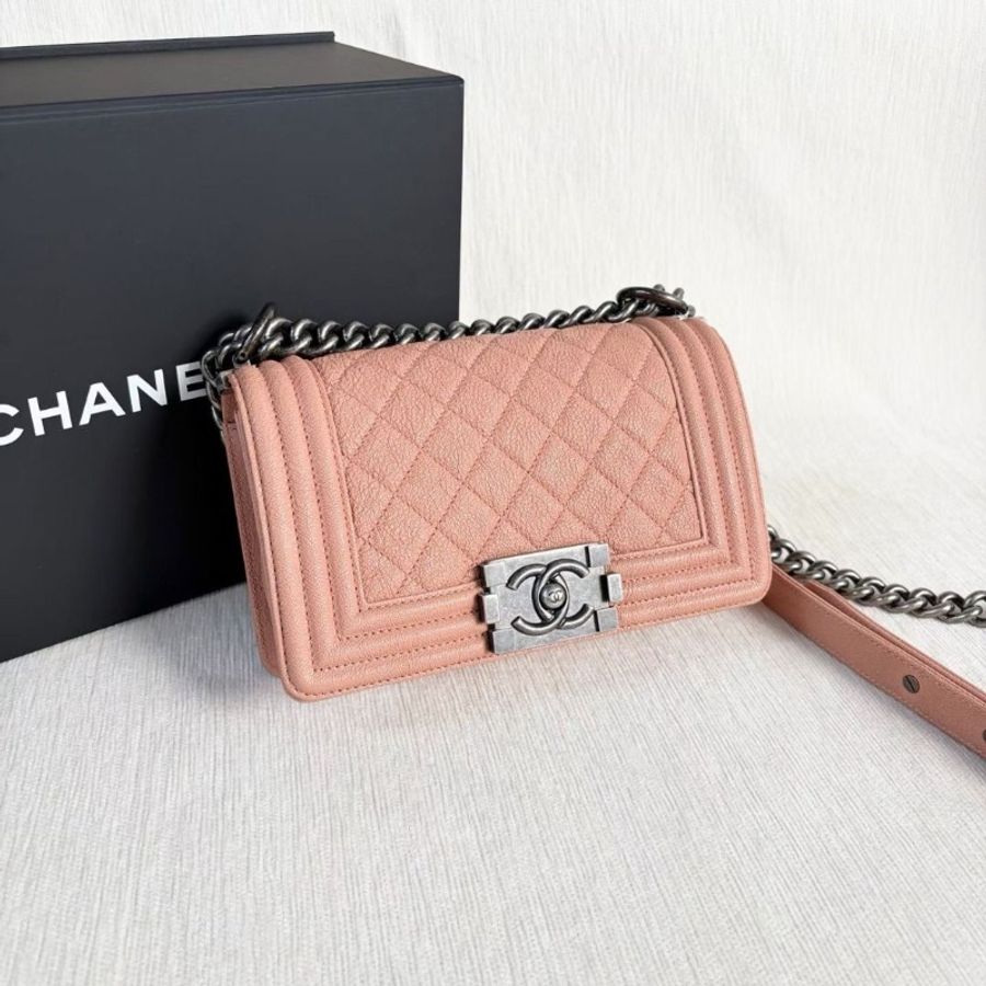Chanel Leboy小號 荔枝皮 橘粉色 銀扣 20*12*6  95新 配件盒子 塵袋 保卡-5