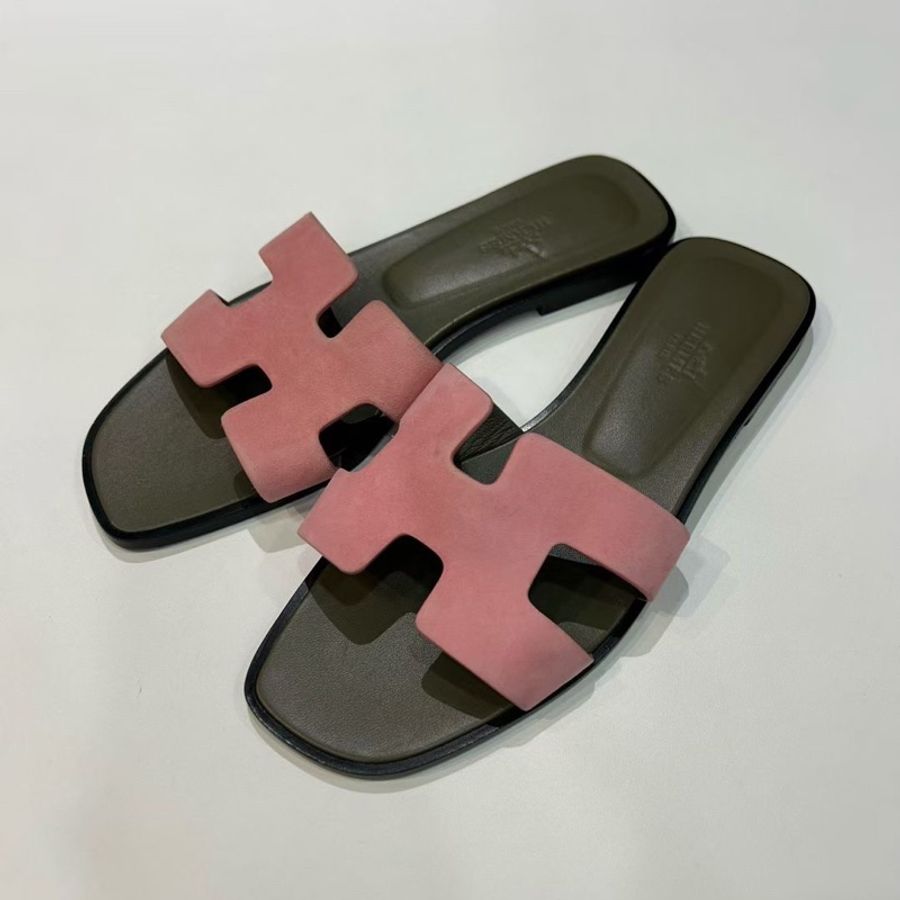 閒置未使用 hermes 愛馬仕 Oran 玫瑰粉 H 平跟  涼拖，尺寸37碼 配盒-1