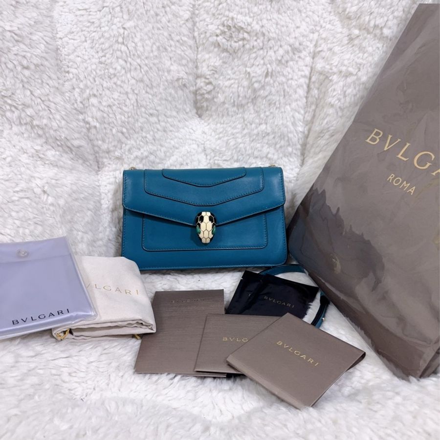 二手BVLGARI 孔雀藍/綠松石色經典橫版蛇頭包（全配）-43
