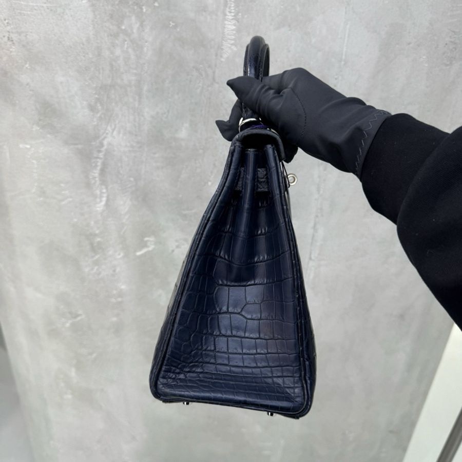 ✨Hermes愛馬仕Kelly28午夜藍銀扣霧面方塊鰐魚 A刻 正品❤️-3