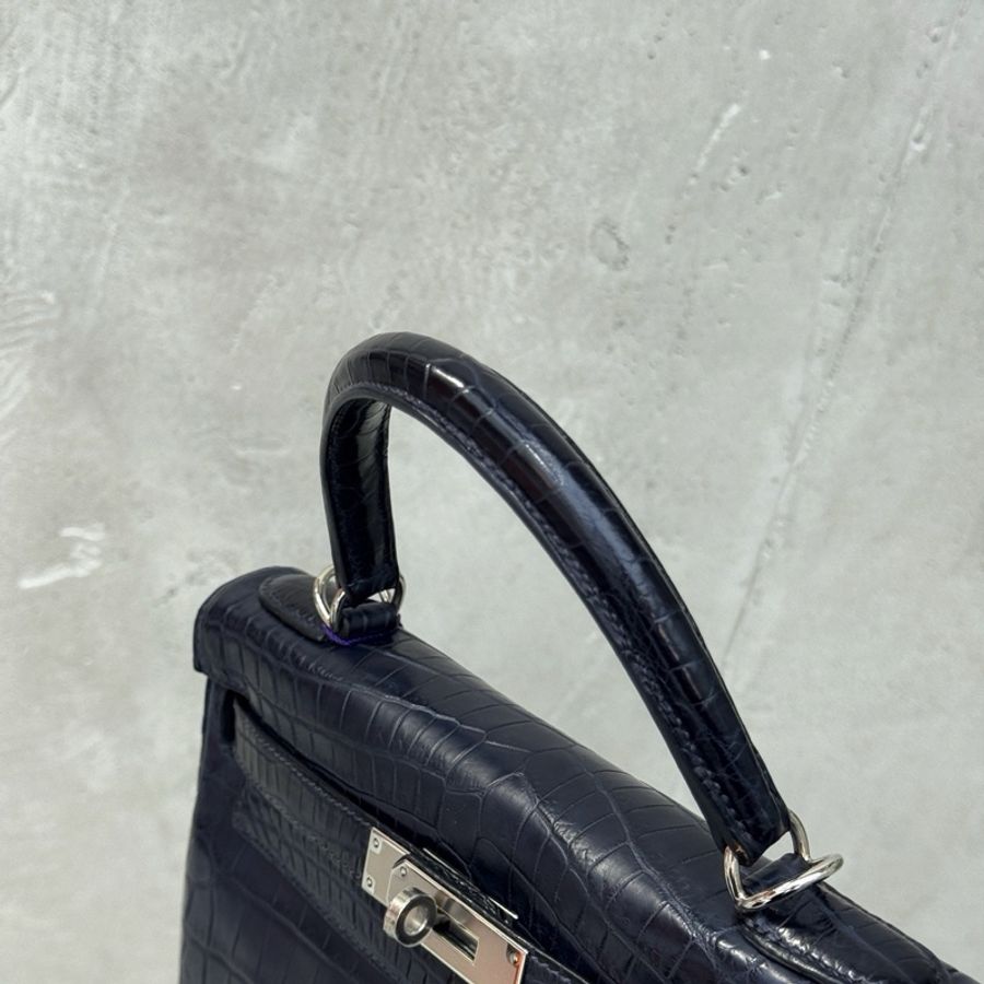 ✨Hermes愛馬仕Kelly28午夜藍銀扣霧面方塊鰐魚 A刻 正品❤️-7