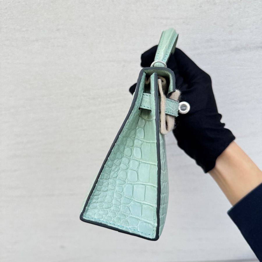 🔥99新🆕愛馬仕Mini kelly二代薄荷綠銀扣霧面鰐魚B刻 ❤️正品-4