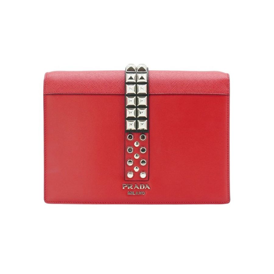 Prada 展示品 Saffiano Eleltra 銀釦全皮鉚釘鍊帶斜背包(1BD120-紅)-3